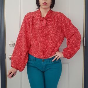 80s Red‎ Polka Dot Bow Tie Blouse
